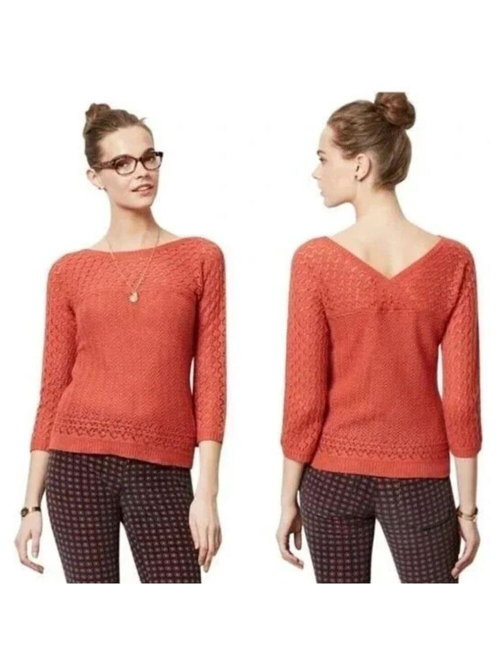 Sparrow Sweater Sz. M Orange Solid V-Back Wool 3/4 Sleeve Top Anthropologie